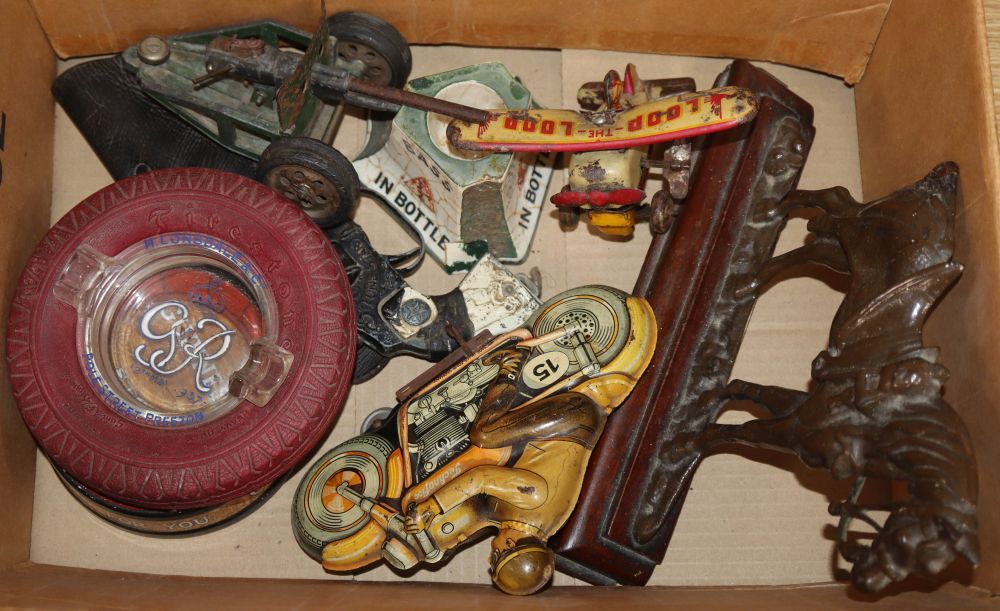 A collection of tinplate toys including Technofix motorbike, Loop the Loop plane, etc